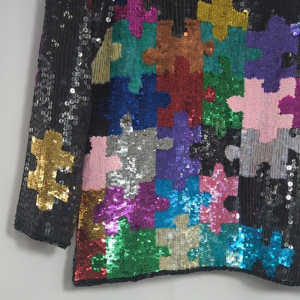 Vintage 80's Sequin Puzzle Piece Silk Colorful Blouse Glass Bead RARE Autism Med - Picture 4 of 16
